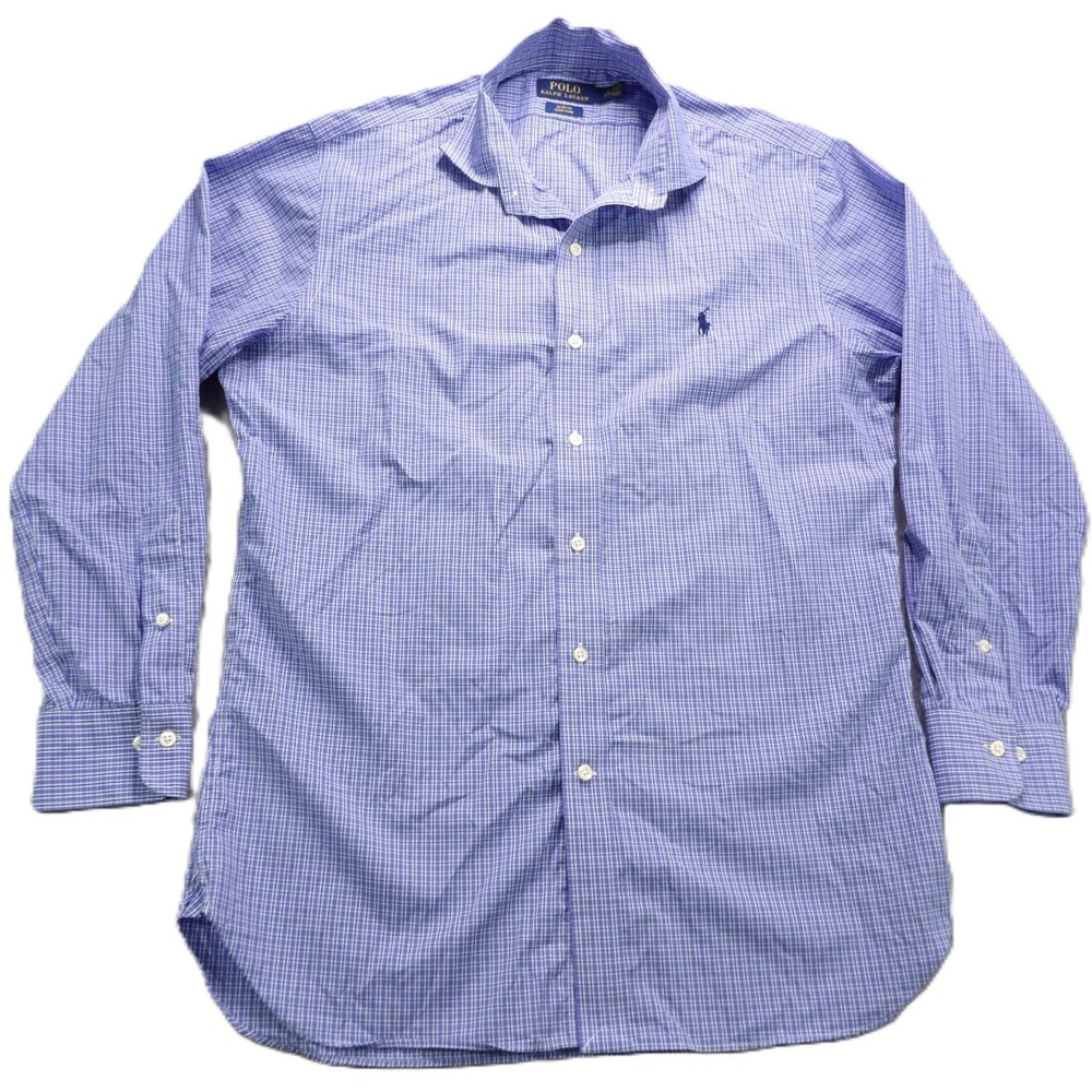 Polo Ralph Lauren Dress Shirt Men Size 16 32-33 Slim Fit Blue Check Plaid Pony